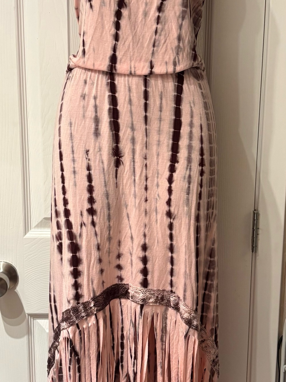 Boston Proper Pink and Brown Tie-Dye Fringe Maxi Dress